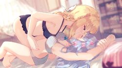 Rule 34 | 2girls, absurdres, benevole, blonde hair, blue eyes, blue hair, bra, charlotte suzu, closed eyes, girl on top, highres, indoors, isla coleman, kiss, looking at another, multiple girls, panties, production kawaii, striped bra, striped clothes, striped panties, underwear, underwear only, virtual youtuber, yuri