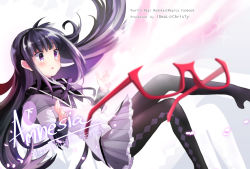 Rule 34 | 1girl, akemi homura, artist name, bad id, bad pixiv id, black hair, black pantyhose, blush, bow, christy mii, commentary request, copyright name, cover, cover page, english text, glasses, highres, long hair, long sleeves, mahou shoujo madoka magica, mahou shoujo madoka magica (anime), open mouth, pantyhose, purple eyes, red-framed eyewear, ribbon, sample watermark, skirt, solo, sparkle, translation request, watermark