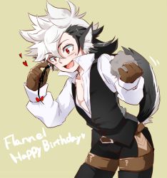 Rule 34 | 1boy, animal ears, black hair, blush, character name, fire emblem, fire emblem fates, gloves, happy birthday, heart, keaton (fire emblem), long hair, male focus, nintendo, open mouth, pamm, pectoral cleavage, pectorals, red eyes, scar, simple background, solo, tail, white hair, wolf ears, wolf tail