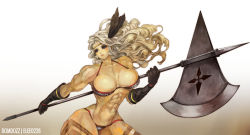 Rule 34 | 1girl, abs, amazon (dragon&#039;s crown), armor, atlus, bikini armor, black gloves, blue eyes, breasts, circlet, dom-dozz, dragon&#039;s crown, elee0228, feather hair ornament, feathers, gloves, feather hair ornament, halberd, highres, huge weapon, large breasts, lips, long hair, muscular, muscular female, navel, platinum blonde hair, polearm, narrow waist, solo, thick thighs, thighs, vanillaware, weapon
