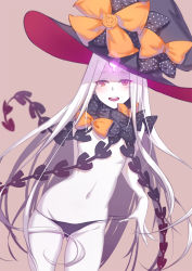 Rule 34 | 1girl, abigail williams (fate), abigail williams (third ascension) (fate), black bow, black panties, blush, bow, breasts, fate/grand order, fate (series), glowing, hat, keyhole, long hair, looking at viewer, navel, orange bow, panties, panty pull, pink eyes, polka dot, polka dot bow, simple background, small breasts, solo, topless, underwear, very long hair, white hair, witch hat, xion32