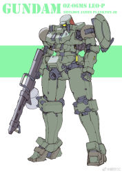 Rule 34 | character name, clenched hand, crossover, gun, gundam, gundam wing, highres, holding, holding gun, holding weapon, joints, leo (mobile suit), looking down, mecha, no humans, redesign, robot, robot joints, sheldon j. plankton, solo, spongebob squarepants (series), standing, weapon, ztb0000