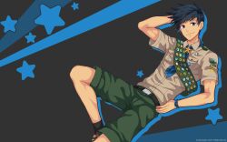 Rule 34 | 1boy, arm behind head, badge, black background, black hair, blue eyes, blue outline, blue ribbon, blue wristband, breast pocket, camp buddy, closed mouth, foot out of frame, green shorts, grey shirt, hamasaki natsumi, hand on own hip, highres, male focus, mikkoukun, outline, pocket, ribbon, shirt, short sleeves, shorts, solo, star (symbol), starry background