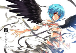 Rule 34 | 00s, 1girl, ayanami rei, bandages, black wings, blue hair, breasts, cleavage, evangelion: 2.0 you can (not) advance, looking at viewer, naked bandage, neon genesis evangelion, rebuild of evangelion, red eyes, ress, short hair, solo, underboob, wings