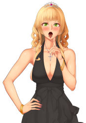 Rule 34 | 1girl, bad id, bad pixiv id, bare shoulders, blush, bracelet, breasts, cleavage, dress, green eyes, hand on own hip, highres, jewelry, kate (alice catharsis), large breasts, long hair, looking at viewer, lots of jewelry, necklace, open mouth, original, pointing, ring, sleeveless, sleeveless dress, solo, tiara, tongue, tongue out