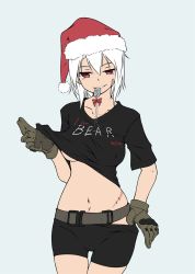 Rule 34 | 1girl, armedshipyard, bandaid, bandaid on face, bike shorts, bike shorts pull, breasts, clothes pull, clothes writing, dog tags, escape from tarkov, gloves, hat, highres, looking at viewer, military, mouth hold, no bra, red eyes, santa hat, scar, shirt, shirt pull, short hair, simple background, smirk, solo, staple, t-shirt, underboob, white hair