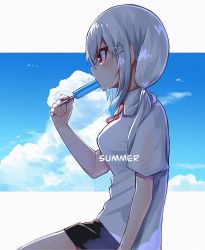 Rule 34 | 1girl, blue sky, blush, breasts, cloud, collared shirt, day, food, hair between eyes, hair ornament, hakase fuyuki, hand up, holding, holding food, long hair, looking away, low twintails, moti yousei, neck ribbon, nijisanji, popsicle, profile, red eyes, red ribbon, ribbon, shirt, short sleeves, sky, small breasts, solo, sweat, twintails, virtual youtuber, white shirt