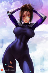 Rule 34 | 1girl, alita, alita: battle angel, battle angel alita, bodysuit, breasts, brown eyes, brown hair, cameltoe, cleft of venus, closed mouth, covered erect nipples, cyberpunk, cyborg, facial mark, gloves, highres, looking at viewer, prywinko, short hair, skin tight, smile, solo, torn clothes