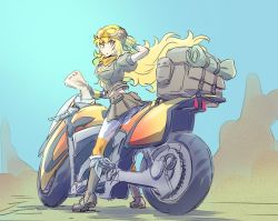 Rule 34 | 1girl, bag, blonde hair, commentary request, goggles, goggles on headwear, helmet, iesupa, map, motor vehicle, motorcycle, motorcycle helmet, purple eyes, rwby, solo, yang xiao long