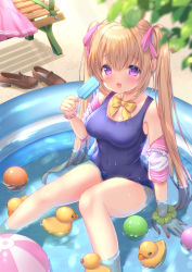 Rule 34 | 1girl, :d, ball, bare legs, beachball, bead bracelet, beads, bench, blonde hair, bracelet, breasts, brown footwear, covered navel, day, feet out of frame, food, unworn footwear, frilled shirt collar, frills, hair ribbon, highres, holding, holding food, jewelry, knees together feet apart, leaf, loafers, long hair, looking at viewer, medium breasts, open mouth, original, outdoors, pink skirt, pleated skirt, popsicle, purple eyes, ribbon, rubber duck, school swimsuit, school uniform, scrunchie, shirt, shoes, unworn shoes, sitting, skirt, unworn skirt, smile, solo, swimsuit, swimsuit under clothes, twintails, wading pool, wet, white shirt, wrist scrunchie, yellow neckwear, yuyuko (yuyucocco)