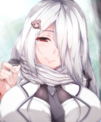 Rule 34 | 1girl, bear hair ornament, breasts, commentary request, girls&#039; frontline, hair ornament, hair over one eye, highres, large breasts, long hair, looking at viewer, necktie, pk (girls&#039; frontline), red eyes, scarf, silver hair, smile, solo, very long hair, zuo wei er