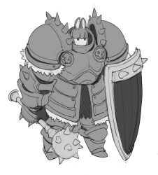 Rule 34 | 1girl, animal ears, armor, blunt bangs, covered mouth, fur-trimmed armor, fur trim, gauntlets, greaves, greyscale, highres, holding, holding mace, holding shield, kite shield, mace, monochrome, no headwear, original, pauldrons, pikat, rabbit ears, shield, shoulder armor, shoulder spikes, sketch, skull, solid oval eyes, solo, spiked gauntlets, spiked mace, spiked pauldrons, spiked shield, spikes, weapon, white background