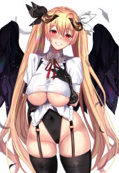 Rule 34 | 1girl, black gloves, black thighhighs, black wings, blonde hair, blush, breasts, covered navel, fallen angel, feathered wings, feathers, garter straps, gloves, gluteal fold, grin, groin, hair between eyes, hair ribbon, highres, horns, leotard, long hair, original, red eyes, ribbon, simple background, smile, solo, thighhighs, twintails, underboob, untue, very long hair, white background, wings