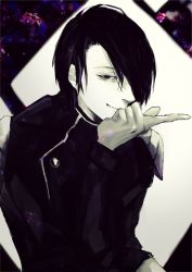 Rule 34 | 1boy, black eyes, black hair, black jacket, commentary request, furuta nimura, hair over one eye, half-closed eye, hand up, index finger raised, jacket, long sleeves, looking at viewer, looking to the side, male focus, multicolored background, pale skin, sanoi (giraffe), short hair, shoulder plates, smile, solo, tokyo ghoul, tokyo ghoul:re, upper body, white background