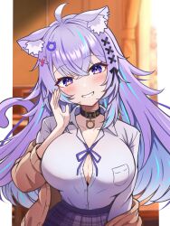 Rule 34 | 1girl, ahoge, animal collar, animal ears, blue hair, blush, breasts, button gap, cardigan, cat ears, cat girl, cat tail, classroom, cleavage, collar, crossed bangs, grin, gyaru, hair between eyes, head tilt, highres, hololive, kogal, kogekoge1207, large breasts, leaning forward, long hair, looking at viewer, loose neck ribbon, multicolored hair, neck ribbon, nekomata okayu, outside border, partially unbuttoned, plaid, plaid skirt, pleated skirt, purple eyes, purple hair, purple nails, purple ribbon, ribbon, school uniform, shirt, shirt tucked in, skirt, smile, solo, straight-on, streaked hair, tail, thighhighs, upper body, virtual youtuber, white shirt, white thighhighs