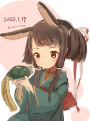Rule 34 | 1girl, alternate costume, animal ears, black hair, commentary request, cowboy shot, dated, green kimono, holding, japanese clothes, kantai collection, kimono, kurahashi (kancolle), medium hair, one-hour drawing challenge, rabbit ears, red eyes, sidelocks, turtle, twintails, twitter username, wss (nicoseiga19993411)