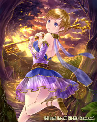 Rule 34 | 1girl, anklet, ass, back, blush, brown hair, cloud, cloudy sky, company name, detached sleeves, from behind, gem, hanekoto, jewelry, key, leg up, looking to the side, open mouth, plant, purple eyes, sandals, see-through, see-through skirt, short hair, skirt, sky, solo, staff, standing, tree, twilight, vines