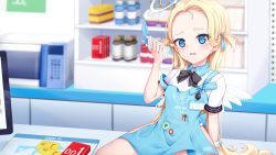 Rule 34 | 1girl, apron, arm support, black bow, blonde hair, blue apron, blue archive, blue eyes, blurry, blurry background, blush, bottle, bow, cellphone, chrisandita, collared shirt, condom box, depth of field, feathered wings, flip phone, forehead, halo, highres, holding, holding phone, indoors, long hair, looking at viewer, mini wings, okamoto condoms, open mouth, phone, shelf, shirt, short sleeves, sitting, solo, sora (blue archive), striped, striped bow, two side up, very long hair, wavy mouth, white shirt, white wings, wings