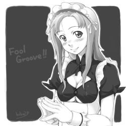 Rule 34 | 1girl, blush, breasts, cleavage, cleavage cutout, clothing cutout, frills, greyscale, looking at viewer, maid, maid headdress, medium breasts, monochrome, original, own hands together, sakura kotetsu, short sleeves, simple background, smile, solo, underbust, upper body