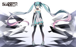 Rule 34 | 1girl, aqua eyes, aqua hair, character name, copyright name, dress, elbow gloves, floating hair, gloves, gradient hair, green eyes, green hair, hatsune miku, highres, kanzaki hiro, long hair, matching hair/eyes, md5 mismatch, multicolored hair, pigeon-toed, pink hair, scapecoat (vocaloid), solo, thighhighs, twintails, very long hair, vocaloid