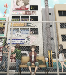 Rule 34 | 2girls, 4boys, :&lt;, bag, basket, bench, between legs, black hair, brown eyes, brown hair, building, car, city, commentary request, day, driving, fence, hand between legs, highres, long hair, looking at viewer, motor vehicle, multiple boys, multiple girls, original, outdoors, poster (object), revision, road, scenery, short hair, shoulder bag, sign, sitting, sky, street, vehicle, yajirushi (chanoma)