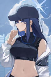 Rule 34 | 1girl, absurdres, bare shoulders, baseball cap, black hat, blue archive, blue eyes, blue hair, blue sky, blush, breasts, closed mouth, cloud, crop top, day, halo, hat, highres, jacket, large breasts, long hair, long sleeves, navel, off shoulder, open clothes, open jacket, outdoors, riel (ataraxia2334), saori (blue archive), sideways glance, sky, solo, stomach, upper body, white jacket