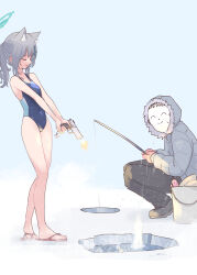 Rule 34 | 1boy, 1girl, animal ear fluff, animal ears, doodle sensei (blue archive), bare arms, black pants, blue archive, blue one-piece swimsuit, closed eyes, competition swimsuit, covered navel, cross hair ornament, firing, fishing, fishing rod, grey hair, gun, hair ornament, halo, handgun, highres, holding, holding gun, holding weapon, hood, hood up, hooded coat, ice, ice fishing, long hair, long sleeves, lyrinne, multicolored clothes, multicolored swimsuit, one-piece swimsuit, open mouth, pants, ponytail, sandals, sensei (blue archive), shiroko (blue archive), shiroko (swimsuit) (blue archive), sig p228/p229, squatting, standing, swimsuit, water, weapon, wolf ears