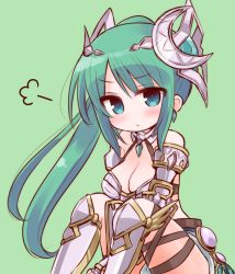 Rule 34 | 1girl, armor, artemis (p&amp;d), bad id, bad pixiv id, bare shoulders, bikini armor, blue eyes, blush, breasts, cleavage, diamond (shape), gauntlets, green background, green hair, large breasts, long hair, mashiro miru, no nose, ponytail, puzzle &amp; dragons, simple background, sitting, solo