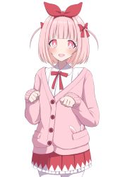 Rule 34 | 1girl, arms up, blunt bangs, blush, bob cut, bright pupils, cardigan, commentary request, cowboy shot, fangs, hair ribbon, highres, looking at viewer, open mouth, original, pantyhose, paw pose, pink cardigan, pink hair, pleated skirt, red eyes, red neckwear, red ribbon, red skirt, ribbon, shirt, short hair, simple background, skirt, sleeves past wrists, solo, tsukimirin, twintails, two side up, white background, white pantyhose, white pupils, white shirt