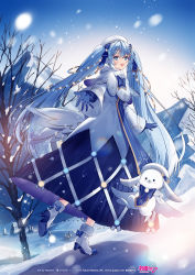 Rule 34 | 1girl, 1other, bare tree, beret, blue bow, blue dress, blue eyes, blue gloves, blue hair, blue sky, blue tabard, blush stickers, boots, bow, bowtie, capelet, commentary, crypton future media, dress, from side, full body, fur-trimmed boots, fur-trimmed capelet, fur trim, gloves, gold trim, hair bow, hat, hatsune miku, highres, hill, light blue hair, looking at viewer, mountain, necomi, official art, open mouth, outstretched arm, piapro, rabbit, rabbit yukine, running, sky, smile, snowflake print, snowing, tabard, treble clef, tree, vocaloid, white capelet, white dress, white footwear, winter, yuki miku, yuki miku (2021)