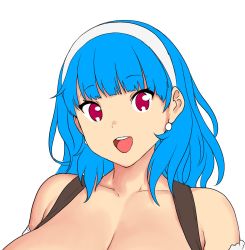 Rule 34 | 1girl, among us eyes (meme), blue hair, breasts, cleavage, collarbone, earrings, erkaz, hairband, highres, huge breasts, jewelry, long hair, looking at viewer, meme, open mouth, original, portrait, red eyes, rina atherina, shadow, simple background, smile, solo, white background