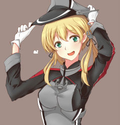Rule 34 | 10s, 1girl, bad id, bad pixiv id, blonde hair, gloves, green eyes, hair ornament, hat, heart, kantai collection, peaked cap, prinz eugen (kancolle), smile, solo, suu2510, twintails, uniform