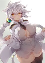 Rule 34 | 1girl, admiral (kancolle), admiral (kancolle) (cosplay), alternate costume, bad id, bad twitter id, black necktie, blouse, blush, braid, breasts, bursting breasts, commentary request, cosplay, cowboy shot, grey shirt, hair ornament, kantai collection, large breasts, long braid, long hair, looking at viewer, military, military uniform, necktie, pokoten (pokoten718), shiny skin, shirt, simple background, single braid, sleeves past wrists, smile, solo, thighhighs, thighs, uniform, unryuu (kancolle), very long hair, white background, yellow eyes