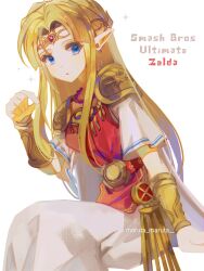 Rule 34 | 1girl, armor, bead necklace, beads, blonde hair, blue eyes, bracer, breasts, character name, circlet, cowboy shot, dress, highres, jewelry, long hair, looking at viewer, maruta maruta, medium breasts, necklace, nintendo, parted bangs, parted lips, pointy ears, princess zelda, short sleeves, shoulder armor, sidelocks, sitting, solo, sparkle, super smash bros., the legend of zelda, the legend of zelda: a link between worlds, tunic, twitter username, white dress
