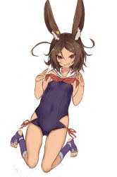 Rule 34 | 1girl, :d, animal ear fluff, animal ears, azur lane, bare arms, bare shoulders, blue one-piece swimsuit, blush, breasts, brown eyes, brown hair, dark-skinned female, dark skin, goekawa, hair between eyes, hands up, i-26 (azur lane), long hair, looking at viewer, neckerchief, one-piece swimsuit, open mouth, parted bangs, purple footwear, rabbit ears, red neckerchief, sailor collar, simple background, small breasts, smile, solo, strapless, strapless one-piece swimsuit, swimsuit, toeless legwear, white background, white sailor collar