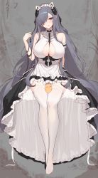 Rule 34 | 1girl, absurdres, august von parseval (azur lane), august von parseval (the conquered unhulde) (azur lane), azur lane, between breasts, black dress, breasts, center opening, curled horns, dress, hair over one eye, highres, horns, korean commentary, large breasts, lilac (k32420276), long hair, manjuu (azur lane), mechanical horns, official alternate costume, purple eyes, purple hair, solo, strap between breasts, thighhighs, two-tone dress, very long hair, white dress, white thighhighs