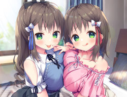 Rule 34 | 2girls, :p, absurdres, asa no ha (awayuki), bed, bed sheet, bedroom, black skirt, blanket, breast press, breasts, brown eyes, brown hair, collarbone, collared shirt, curtains, day, green eyes, hair ornament, hair ribbon, hand to own mouth, highres, indoors, large breasts, light rays, long hair, looking at viewer, medium hair, multiple girls, non-web source, on bed, original, pillow, pink skirt, ribbon, shirt, siblings, sisters, sitting, skirt, smile, sunbeam, sunlight, symmetrical docking, tan skirt, tongue, tongue out, twins, wavy hair, white shirt, window