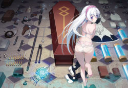 Rule 34 | 10s, 1girl, 3d background, ass, back, bag, barefoot, bipod, black footwear, blush, book, boots, unworn boots, box, bra, bullet, camisole, canteen, chaika trabant, unworn clothes, coffin, container, covering privates, covering chest, dress, embarrassed, feet, from above, from behind, full body, glowing, gun, hairband, highres, hitsugi no chaika, lace, lace-trimmed panties, lace trim, leaning forward, light particles, looking at viewer, looking back, namaniku atk, octagon and dot, panties, platform footwear, pouch, purple eyes, scope, soles, solo, source request, standing, standing on one leg, tile floor, tiles, underwear, underwear only, weapon, white bra, white hair, white panties