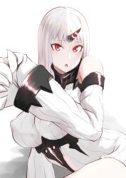 Rule 34 | 1girl, absurdres, abyssal ship, blush, breasts, claws, commentary request, covered erect nipples, detached sleeves, dress, highres, horns, kantai collection, large breasts, long hair, looking at viewer, lying, manno (kanpi2100), on side, open mouth, pale skin, red eyes, ribbed dress, ribbed sweater, seaport princess, single horn, solo, sweater, sweater dress, white dress, white hair, white sweater