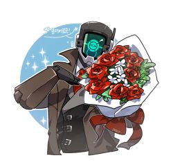Rule 34 | 1boy, blue eyes, bouquet, brown coat, clothed robot, coat, colored sclera, flower, holding, humanoid robot, jacket, joints, kelbel, korean commentary, korean text, looking at viewer, male focus, necktie, neckwear request, one-eyed, open clothes, open coat, red flower, red necktie, red rose, regis (world flipper), ribbon, robot, robot joints, rose, simple background, solo, trench coat, white flower, world flipper
