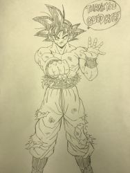 Rule 34 | 10s, 1boy, black eyes, black hair, boots, clenched hand, commentary request, dirty, dirty clothes, dougi, dragon ball, dragon ball super, dragonball z, english text, fingernails, happy, looking at viewer, male focus, monochrome, muscular, short hair, simple background, smile, solo, son goku, speech bubble, spiked hair, topless male, toriyama akira (style), traditional media, wristband