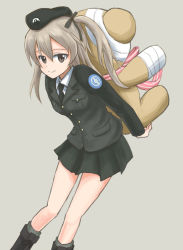 Rule 34 | 10s, 1girl, arms behind back, bandages, beret, black footwear, black hat, black jacket, black necktie, black ribbon, black skirt, boko (girls und panzer), boots, brown eyes, closed mouth, commentary, dress shirt, emblem, girls und panzer, hair ribbon, hat, holding, holding stuffed toy, jacket, japanese tankery league (emblem), knee boots, leaning forward, light brown hair, long hair, long sleeves, looking at viewer, military, military hat, military uniform, miniskirt, mutsu (layergreen), necktie, pleated skirt, ribbon, selection university (emblem), selection university military uniform, shimada arisu, shirt, side ponytail, skirt, smile, solo, standing, stuffed animal, stuffed toy, teddy bear, uniform, white shirt