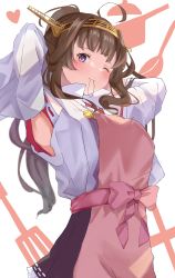 Rule 34 | 1girl, absurdres, ahoge, apron, bare shoulders, black skirt, blush, brown hair, calin, closed mouth, commission, detached sleeves, hairband, headgear, heart, highres, japanese clothes, kantai collection, kongou (kancolle), long hair, mouth hold, nontraditional miko, one eye closed, pink apron, pleated skirt, purple eyes, ribbon-trimmed sleeves, ribbon trim, skeb commission, skirt, smile, solo, white sleeves, wide sleeves