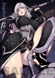 Rule 34 | 1girl, ?, angelise reiter, armor, artist name, warrior of light (ff14), belt, breasts, chain, character name, clenched teeth, commentary, commission, cowboy shot, english commentary, english text, final fantasy, final fantasy xiv, fishine, grey hair, hair between eyes, hand on own hip, high heels, highres, holding, holding sword, holding weapon, knee up, large breasts, lips, long hair, looking at viewer, open mouth, parted lips, patreon username, sample watermark, shoulder armor, solo, speech bubble, sword, teeth, thick thighs, thighs, v-shaped eyebrows, watermark, weapon