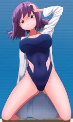 Rule 34 | 1girl, artist request, blush, breasts, brown eyes, cleavage, creatures (company), game freak, hand in own hair, highres, kneeling, lab coat, large breasts, looking at viewer, nintendo, one-piece swimsuit, philena ivy, pokemon, pokemon (anime), pokemon (classic anime), purple hair, shiny skin, simple background, smile, solo, strapless, strapless one-piece swimsuit, swimsuit