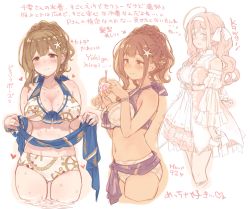 Rule 34 | 1girl, 7010, ahoge, arms at sides, arrow (symbol), bare shoulders, bikini, blush, braid, breasts, brown eyes, brown hair, cleavage, closed mouth, collarbone, commentary request, cropped legs, cup, dot nose, gluteal fold, heart, holding, holding cup, idolmaster, idolmaster shiny colors, kuwayama chiyuki, large breasts, long hair, looking at viewer, multiple views, navel, open mouth, simple background, straight-on, swimsuit, tareme, translation request, white background
