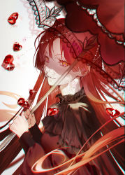 Rule 34 | 1girl, absurdres, breasts, closed mouth, commentary, dress, english commentary, from side, gem, grin, heart, heart-shaped pupils, highres, holding, holding umbrella, long hair, long sleeves, looking at viewer, medium breasts, nea (nongta2002), original, red dress, red eyes, red gemstone, red hair, red umbrella, smile, solo, symbol-shaped pupils, umbrella, upper body, white background