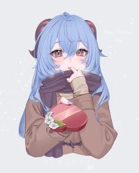 Rule 34 | 1girl, absurdres, blue hair, blue nails, blush, box, brown jacket, cropped torso, curled horns, flower, ganyu (genshin impact), genshin impact, gift, hair between eyes, heart-shaped box, highres, holding, holding gift, horns, incoming gift, jacket, layered sleeves, long hair, long sleeves, looking at viewer, parted lips, red eyes, ringeko-chan, scarf, simple background, solo, white flower