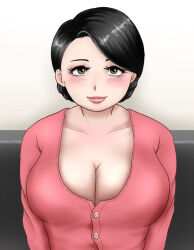 Rule 34 | 1girl, blush, breasts, cleavage, huge breasts, looking at viewer, mature female, orca (artist), original, red shirt, shirt, solo, upper body