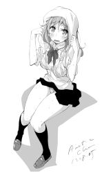 Rule 34 | 1girl, artist name, blush, bra, collared shirt, dated, dress shirt, drying, drying hair, greyscale, highres, kneehighs, knees together feet apart, loafers, long hair, looking at viewer, monochrome, open mouth, original, panties, school uniform, see-through, shirt, shoes, signature, simple background, sitting, skirt, sleeves rolled up, socks, solo, tabata hisayuki, thighs, towel, towel on head, underwear, upskirt, wavy hair, wet, wet clothes, wet shirt